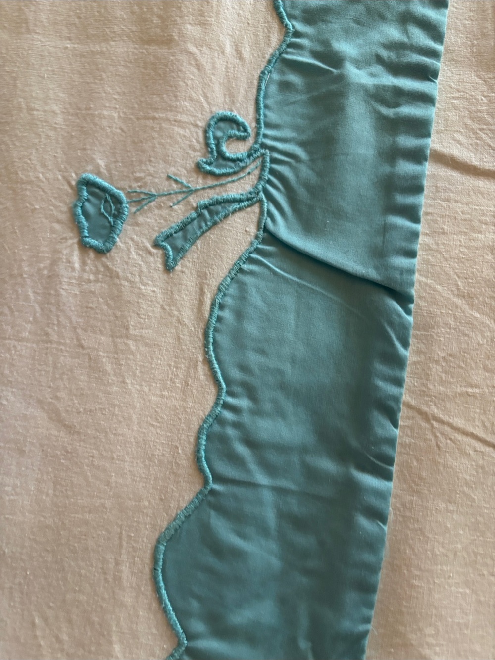 Vintage Hand Made Embroidered Cotton Queen Top Sheet, Teal & White - Picture 2 of 6